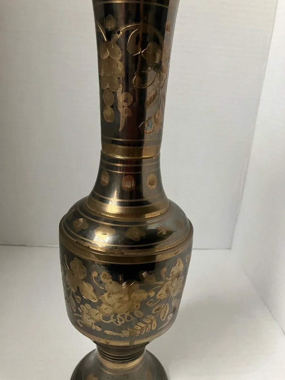 Vintage Brass and Black Floral Etched Vase Scalloped Top 13 Inch 1970’s Decor